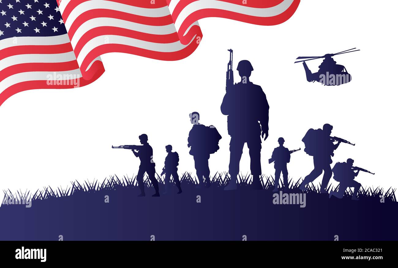 Soldaten und Hubschrauber Figuren Silhouetten in usa Flagge Hintergrund Vektor Illustration Design Stock Vektor