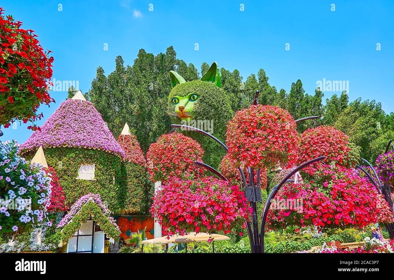 DUBAI, VAE - 5. MÄRZ 2020: Die hängenden Töpfe mit hellen Petunia-Blumen vor der Installation von riesigen Katze und Haus, mit Wohnplan bedeckt Stockfoto
