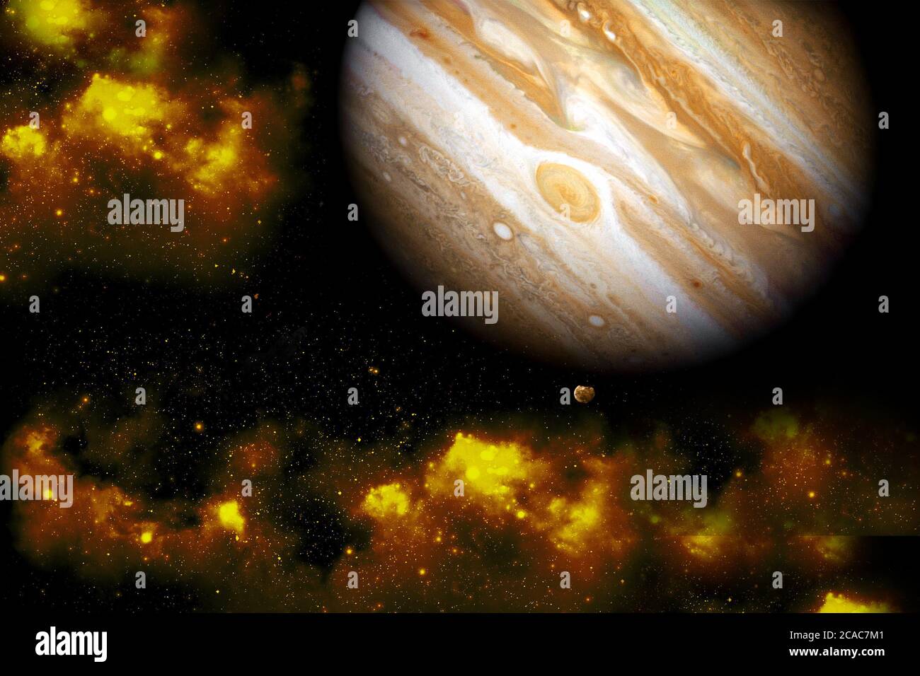 Planet Jupiter und sein Satellit Ganymede. Solaranlage Stockfoto