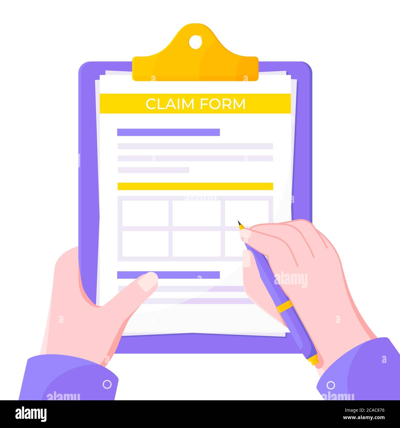 Handzeichen Zwischenablage mit Claim-Formular darauf, Papierblätter, Stift. Stock Vektor