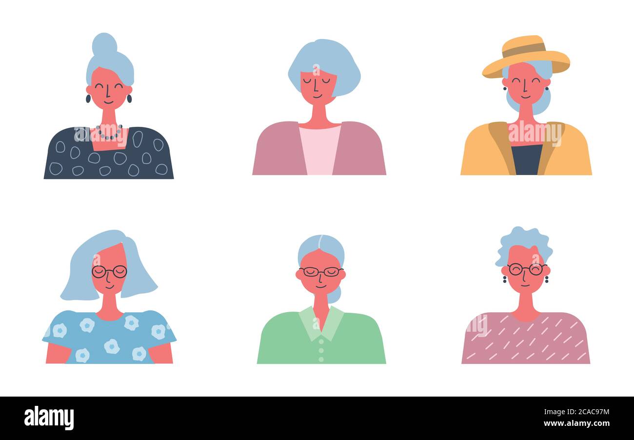 Personensymbole. Sechs Porträts alter Frauen. Verschiedene Frisuren und Kleidung. Vektorgrafik Stock Vektor