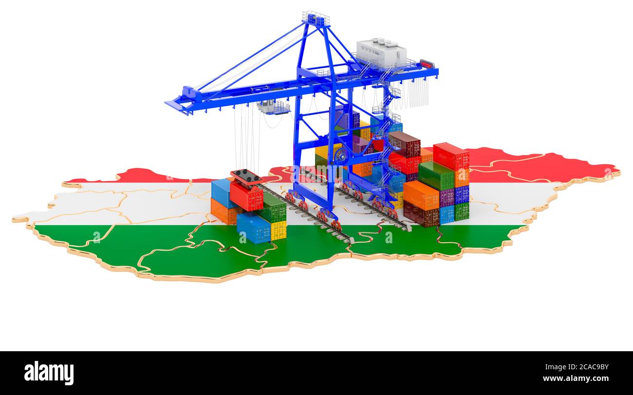 Frachtversand in Ungarn Konzept. Hafenkrane mit Frachtcontainern auf der ungarischen Karte. 3D-Rendering auf weißem Hintergrund isoliert Stockfoto