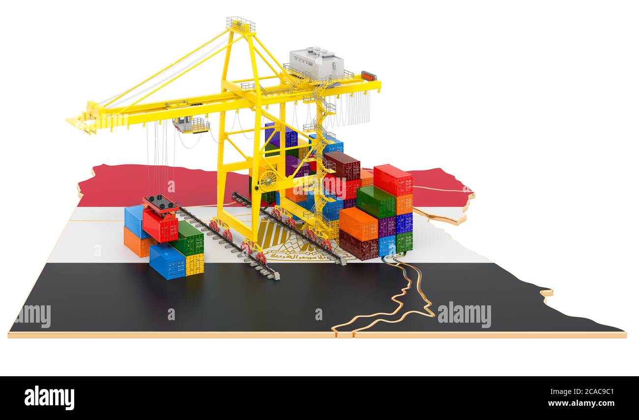 Frachten Versand in Ägypten Konzept. Hafenkrane mit Frachtcontainern auf der ägyptischen Karte. 3D-Rendering auf weißem Hintergrund isoliert Stockfoto
