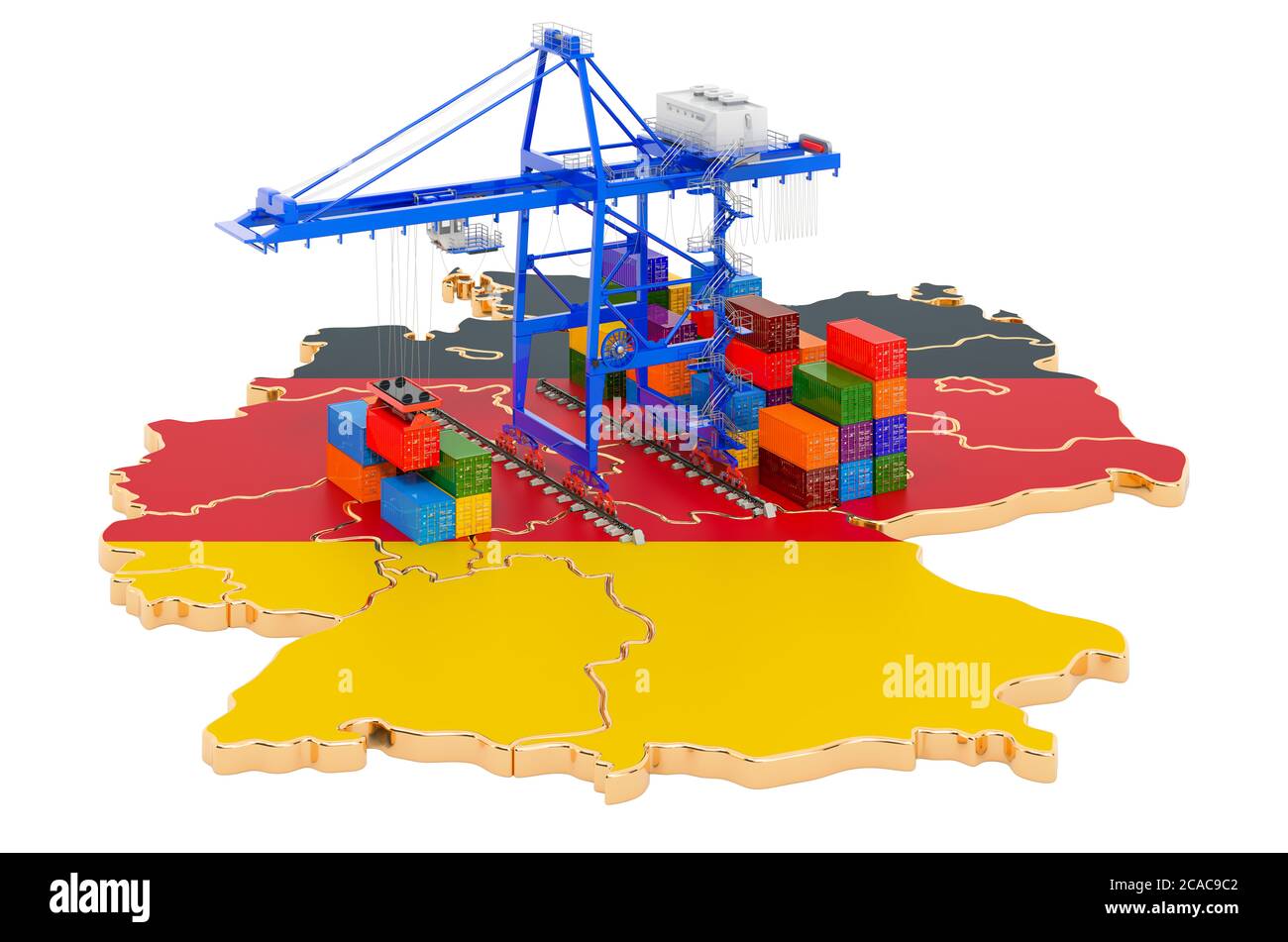 Frachtversand in Deutschland Konzept. Hafenkrane mit Frachtcontainern auf der deutschen Karte. 3D-Rendering auf weißem Hintergrund isoliert Stockfoto