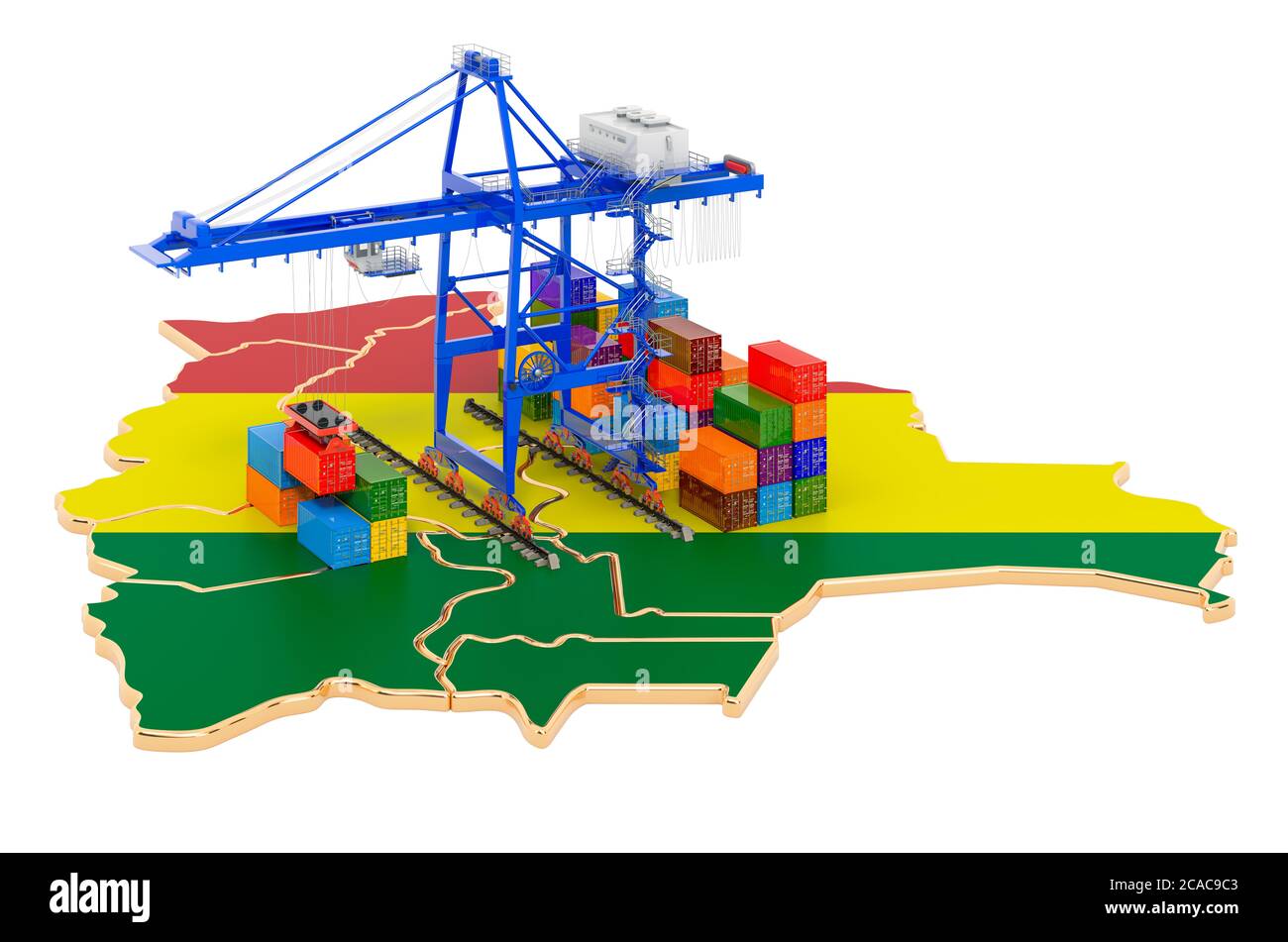 Frachtversand in Bolivien Konzept. Hafenkrane mit Frachtcontainern auf der bolivianischen Karte. 3D-Rendering auf weißem Hintergrund isoliert Stockfoto