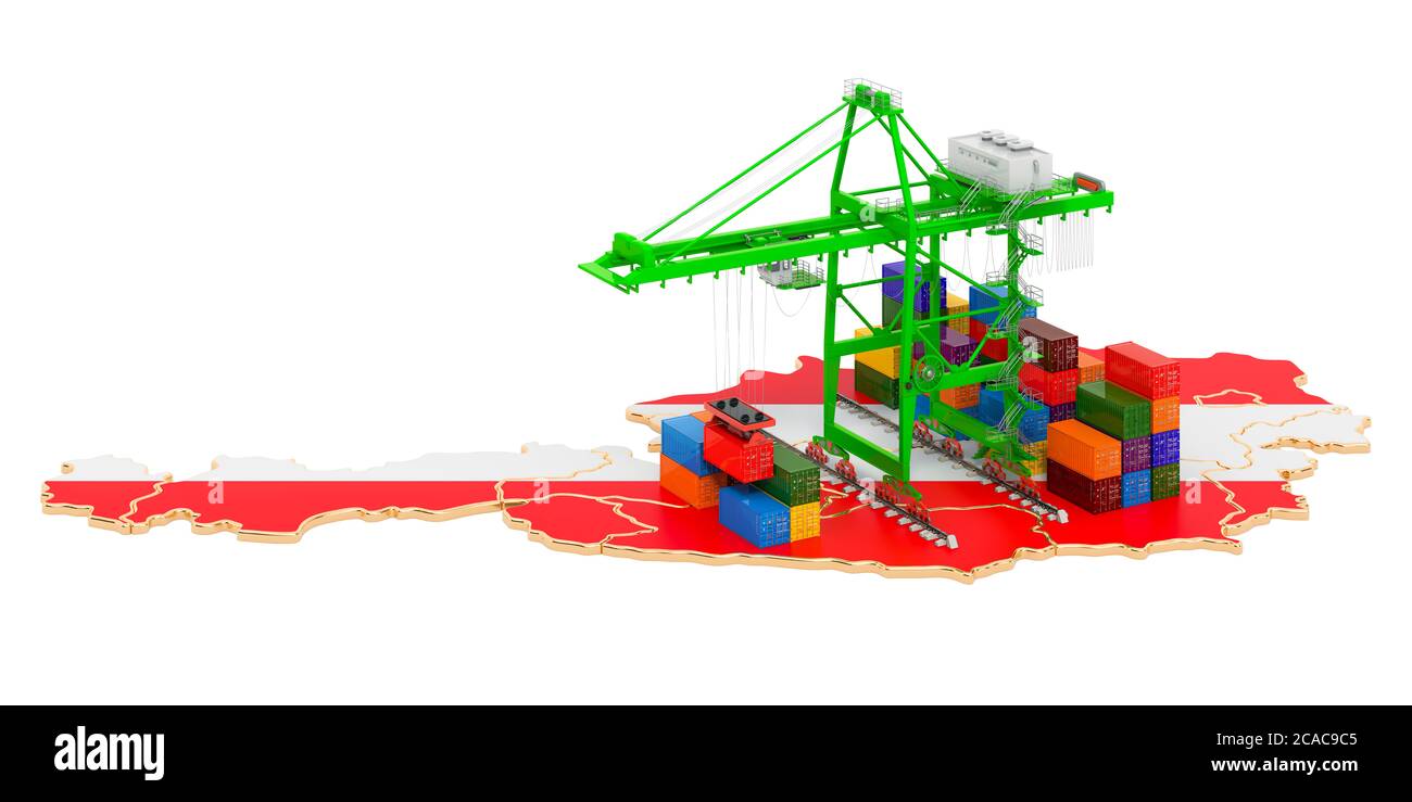 Frachtversand in Österreich Konzept. Hafenkrane mit Frachtcontainern auf der österreichischen Landkarte. 3D-Rendering auf weißem Hintergrund isoliert Stockfoto
