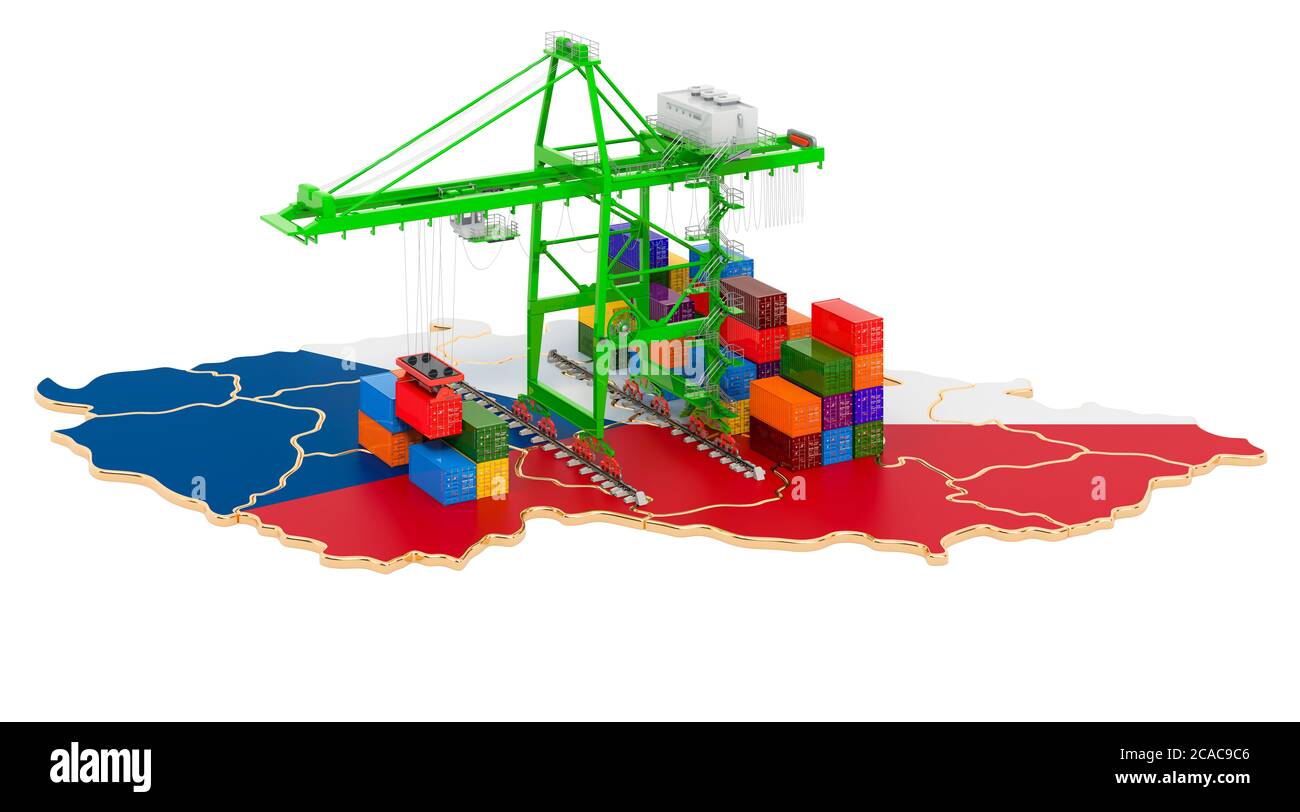 Frachtversand in Tschechien Konzept. Hafenkrane mit Frachtcontainern auf der Karte der Tschechischen Republik. 3D-Rendering auf weißem Hintergrund isoliert Stockfoto