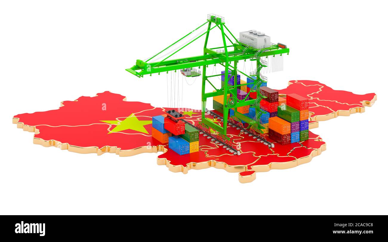 Frachtversand in China Konzept. Hafenkrane mit Frachtcontainern auf der chinesischen Landkarte. 3D-Rendering auf weißem Hintergrund isoliert Stockfoto