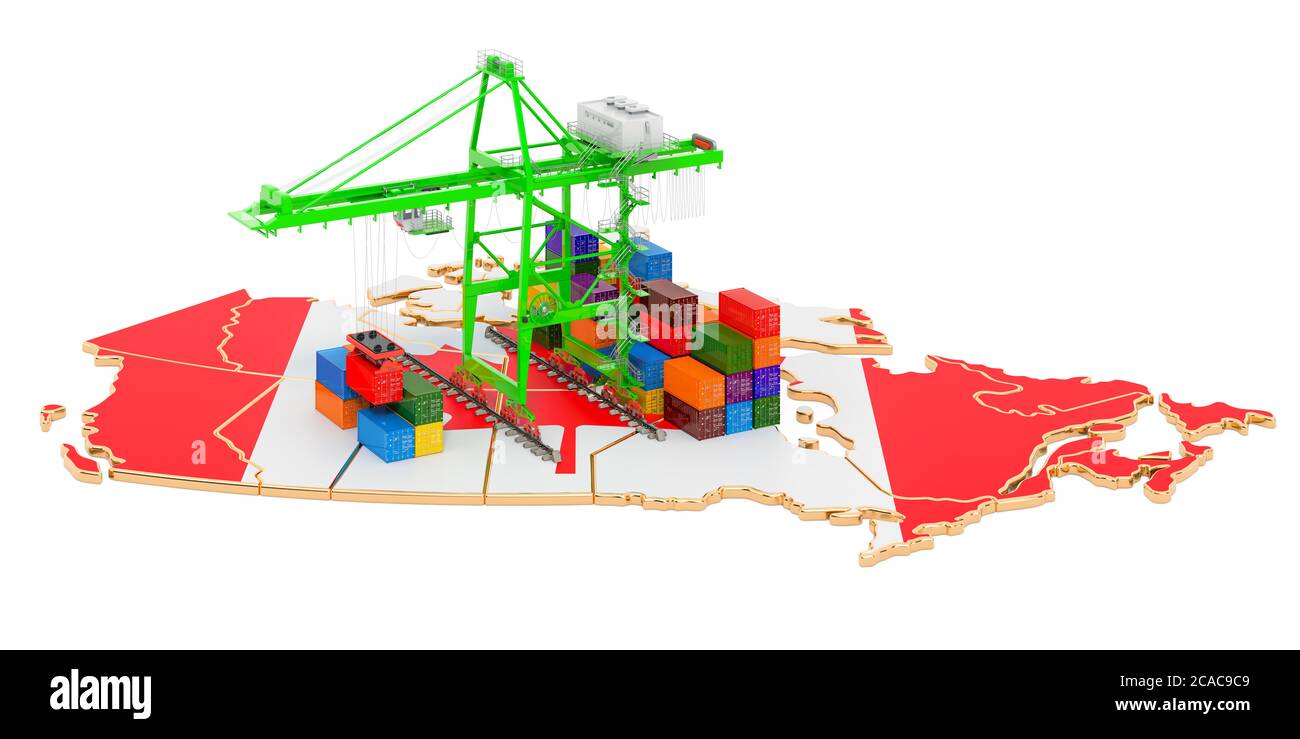 Frachtversand in Kanada Konzept. Hafenkrane mit Frachtcontainern auf der kanadischen Landkarte. 3D-Rendering auf weißem Hintergrund isoliert Stockfoto