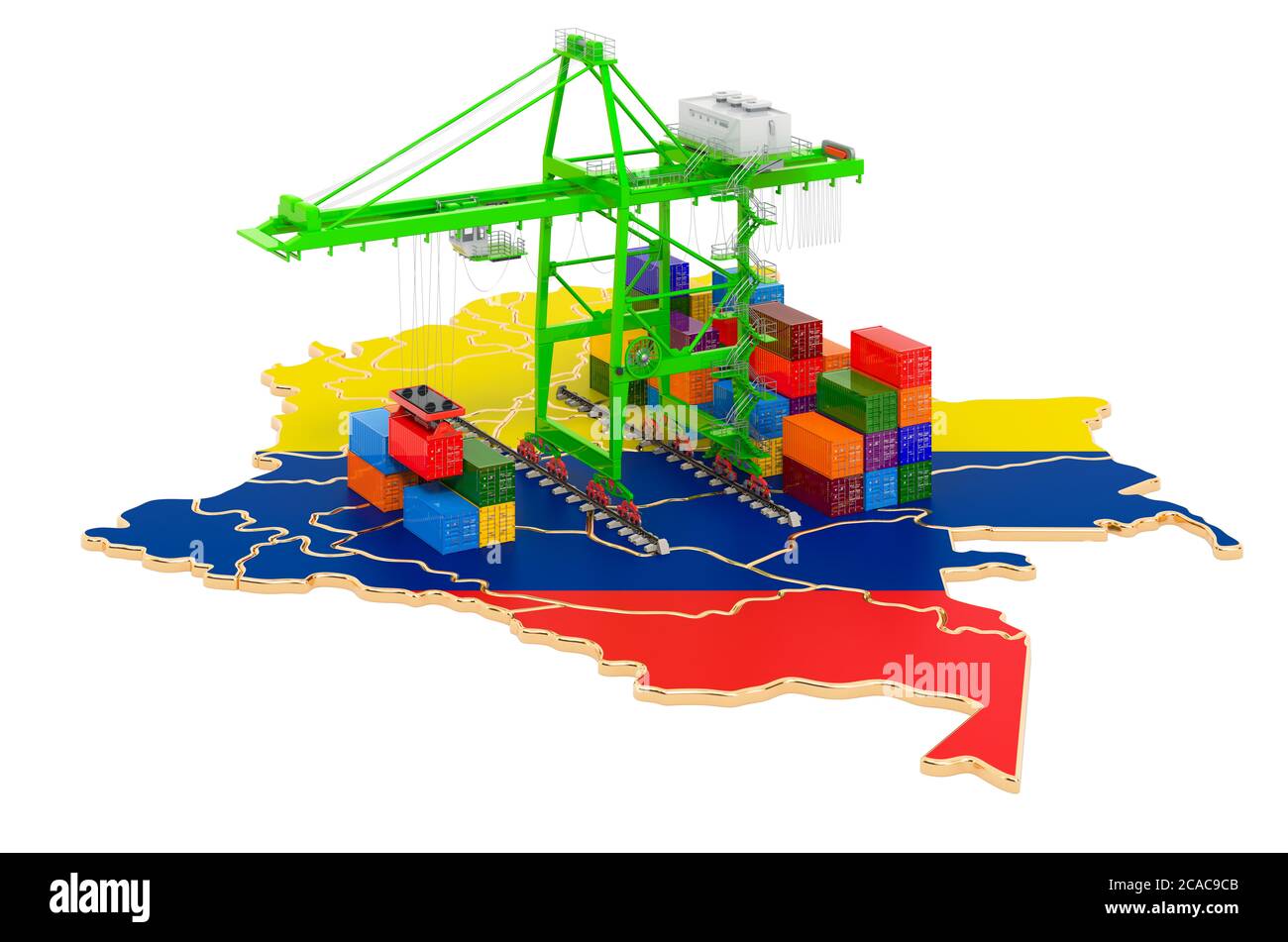 Frachtversand in Kolumbien Konzept. Hafenkrane mit Frachtcontainern auf der kolumbianischen Karte. 3D-Rendering auf weißem Hintergrund isoliert Stockfoto