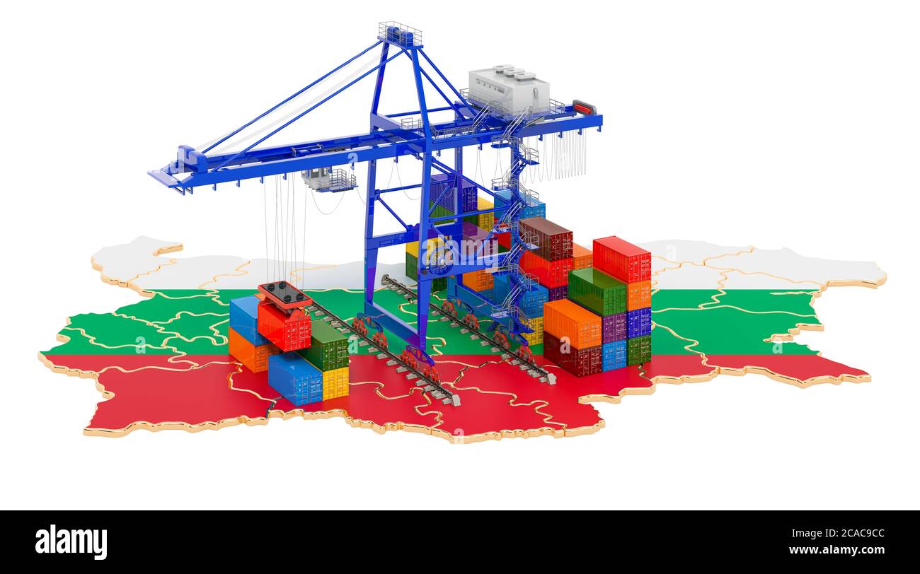 Frachtversand in Bulgarien Konzept. Hafenkrane mit Frachtcontainern auf der bulgarischen Landkarte. 3D-Rendering auf weißem Hintergrund isoliert Stockfoto