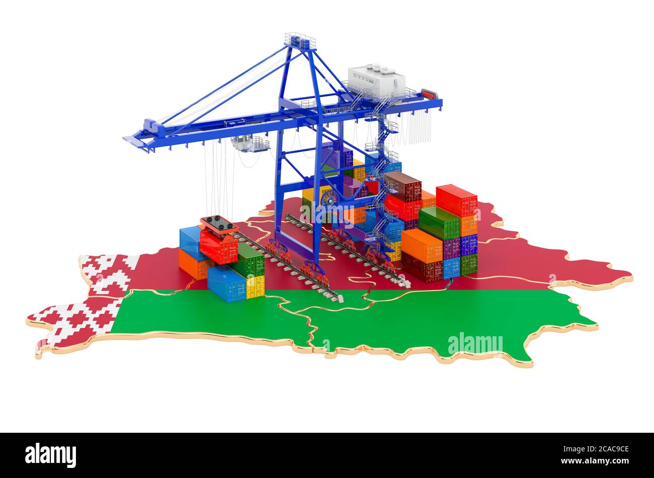 Frachten Versand in Belarus Konzept. Hafenkrane mit Frachtcontainern auf der weißrussischen Landkarte. 3D-Rendering auf weißem Hintergrund isoliert Stockfoto