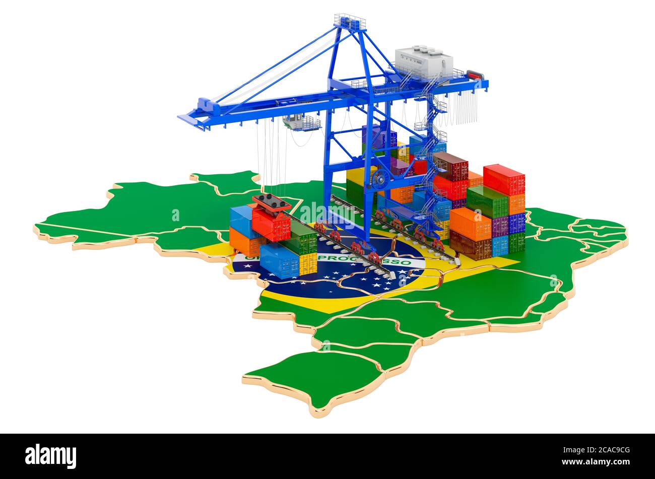 Frachtversand in Brasilien Konzept. Hafenkrane mit Frachtcontainern auf der brasilianischen Landkarte. 3D-Rendering auf weißem Hintergrund isoliert Stockfoto