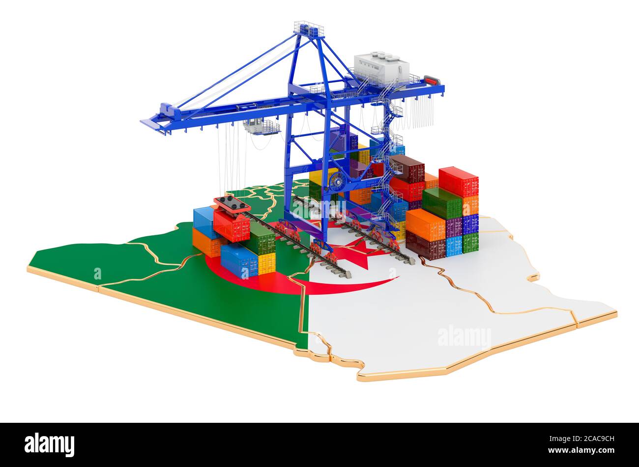 Frachtversand in Algerien Konzept. Hafenkrane mit Frachtcontainern auf der Algier-Karte. 3D-Rendering auf weißem Hintergrund isoliert Stockfoto
