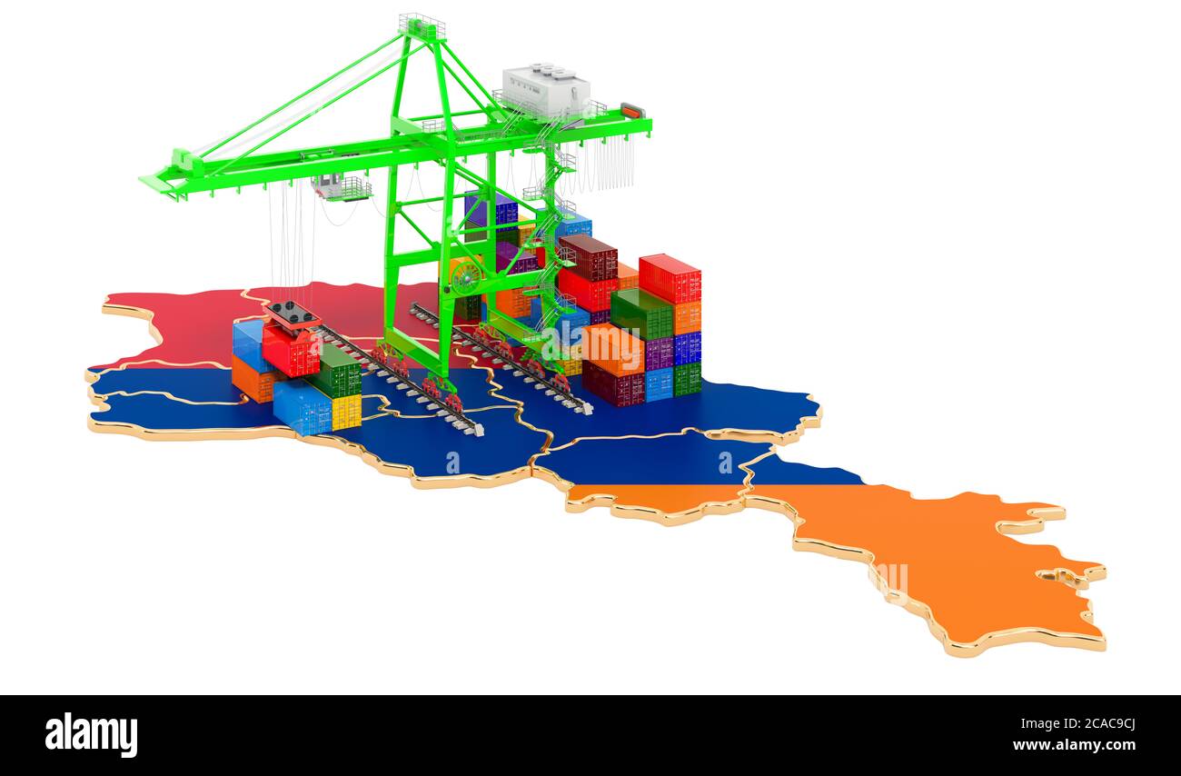 Frachtversand in Armenien Konzept. Hafenkrane mit Frachtcontainern auf der armenischen Karte. 3D-Rendering auf weißem Hintergrund isoliert Stockfoto