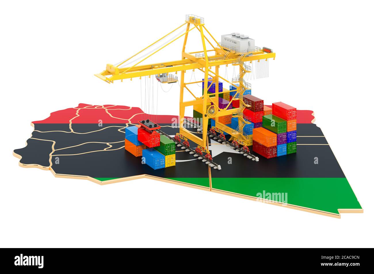 Frachtenschifffahrt in Libyen Konzept. Hafenkrane mit Frachtcontainern auf der libyschen Karte. 3D-Rendering auf weißem Hintergrund isoliert Stockfoto