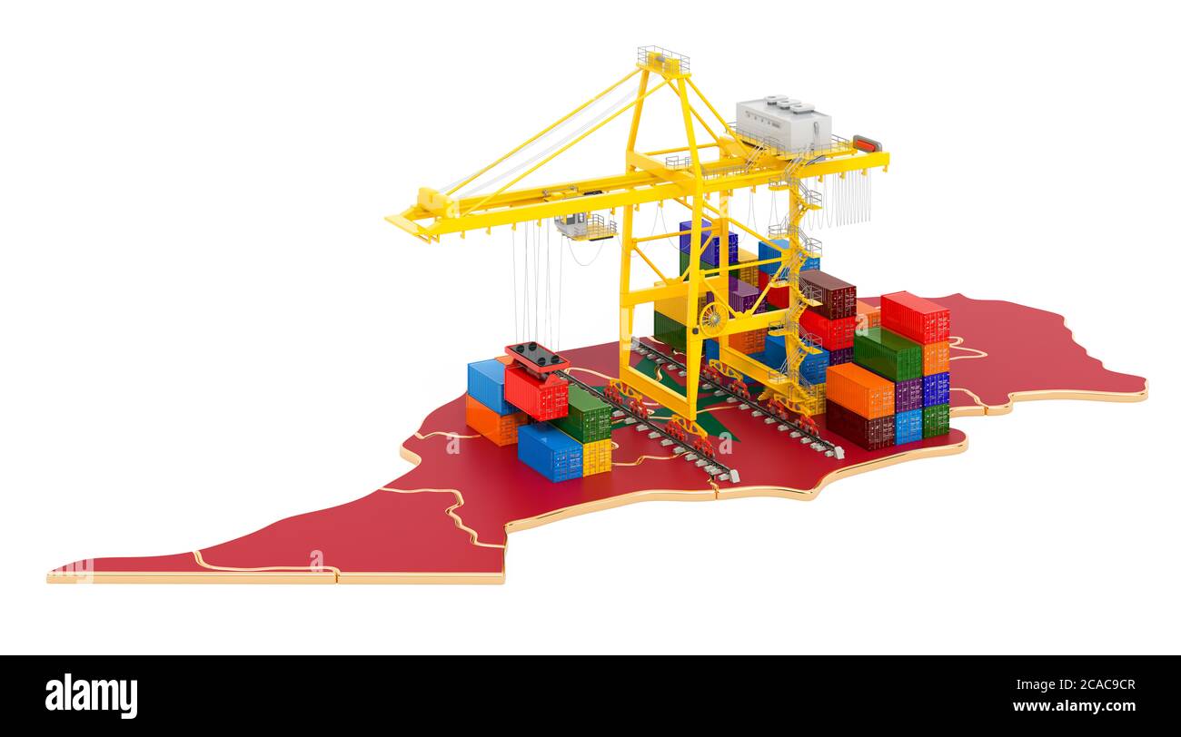 Frachtversand in Marokko Konzept. Hafenkrane mit Frachtcontainern auf der marokkanischen Karte. 3D-Rendering auf weißem Hintergrund isoliert Stockfoto