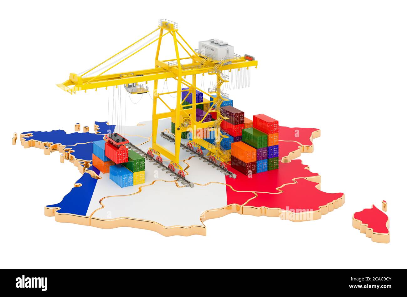 Frachtversand in Frankreich Konzept. Hafenkrane mit Frachtcontainern auf der französischen Landkarte. 3D-Rendering auf weißem Hintergrund isoliert Stockfoto