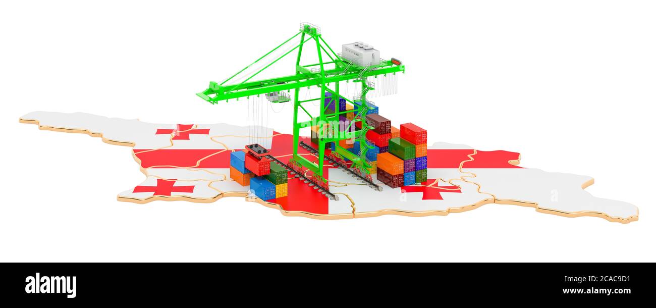 Frachtversand in Georgien Konzept. Hafenkrane mit Frachtcontainern auf der georgischen Karte. 3D-Rendering auf weißem Hintergrund isoliert Stockfoto