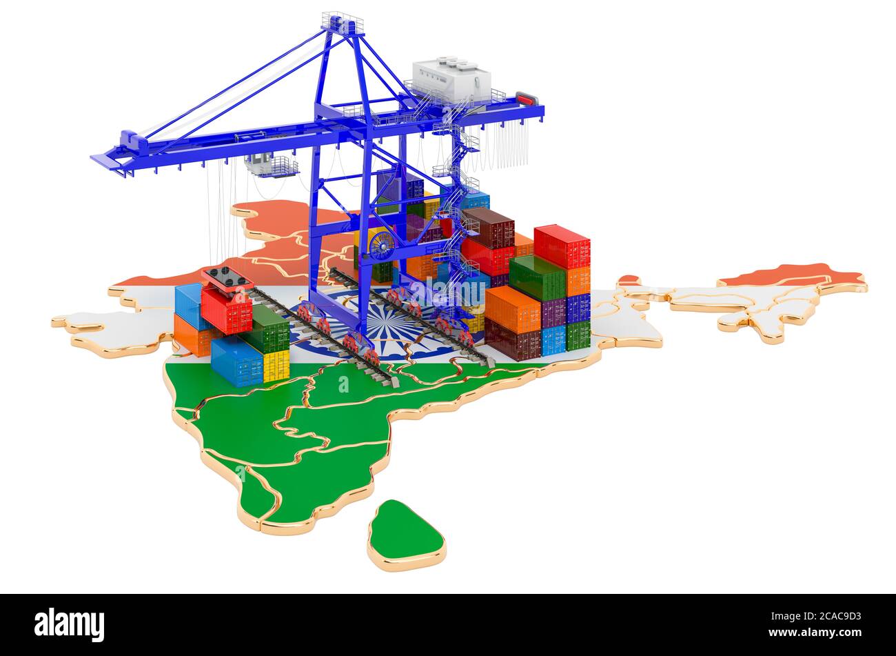 Frachtversand in Indien Konzept. Hafenkrane mit Frachtcontainern auf der indischen Landkarte. 3D-Rendering auf weißem Hintergrund isoliert Stockfoto