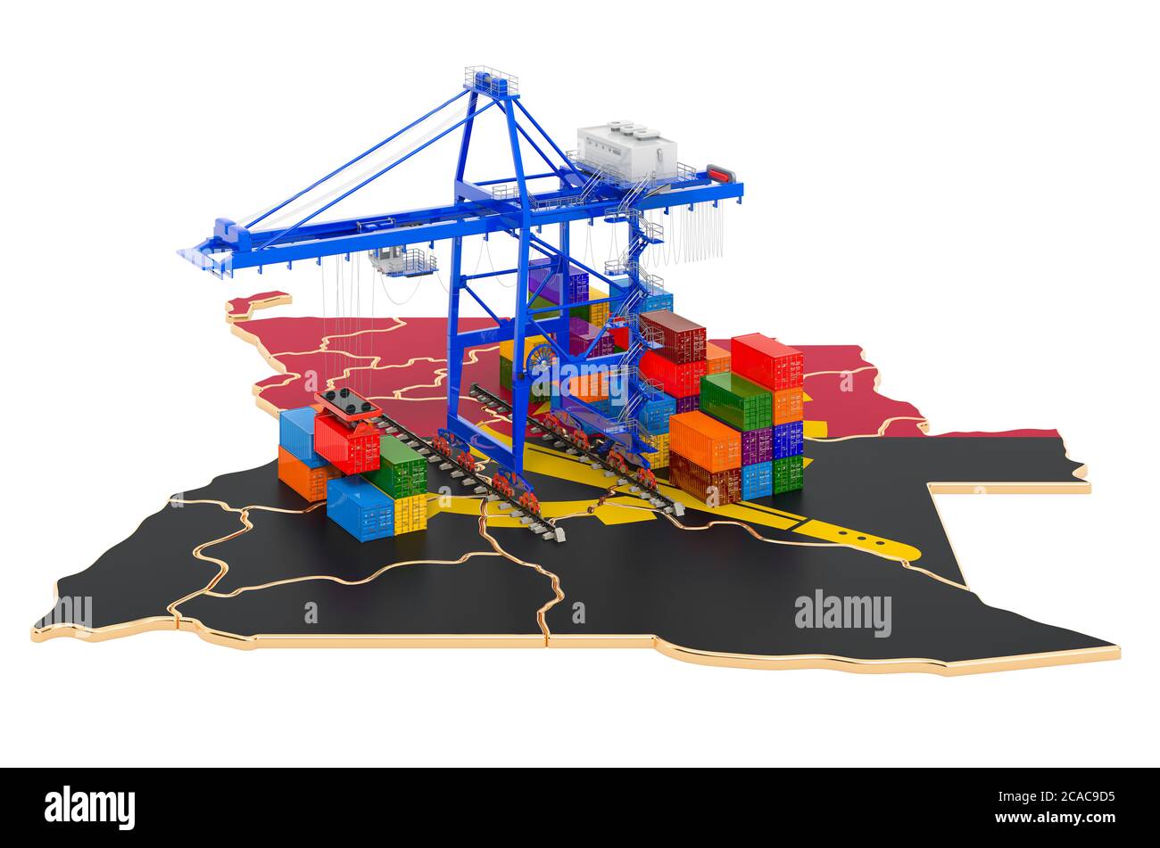 Frachtversand in Angola Konzept. Hafenkrane mit Frachtcontainern auf der angolanischen Karte. 3D-Rendering auf weißem Hintergrund isoliert Stockfoto