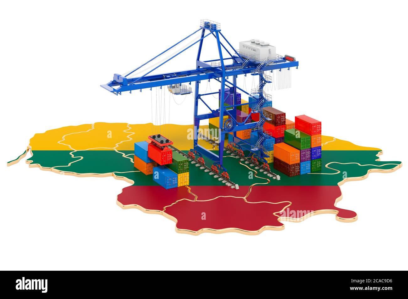 Frachtversand in Litauen Konzept. Hafenkrane mit Frachtcontainern auf der litauischen Karte. 3D-Rendering auf weißem Hintergrund isoliert Stockfoto