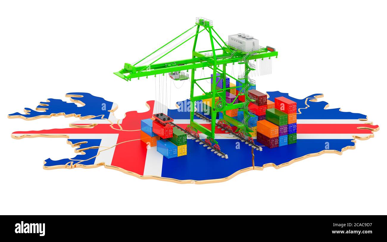 Frachtversand in Island Konzept. Hafenkrane mit Frachtcontainern auf der isländischen Karte. 3D-Rendering auf weißem Hintergrund isoliert Stockfoto