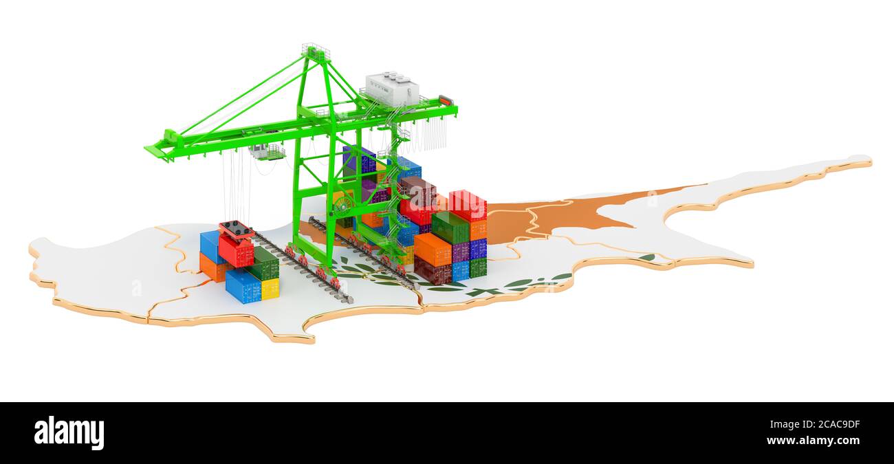 Frachten Versand in Zypern Konzept. Hafenkrane mit Frachtcontainern auf der Zypern-Karte. 3D-Rendering auf weißem Hintergrund isoliert Stockfoto