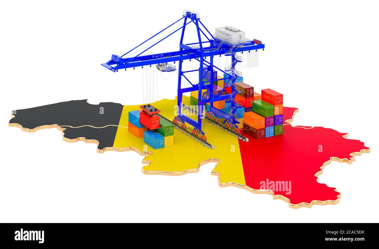 Frachtversand in Belgien Konzept. Hafenkrane mit Frachtcontainern auf der belgischen Landkarte. 3D-Rendering auf weißem Hintergrund isoliert Stockfoto