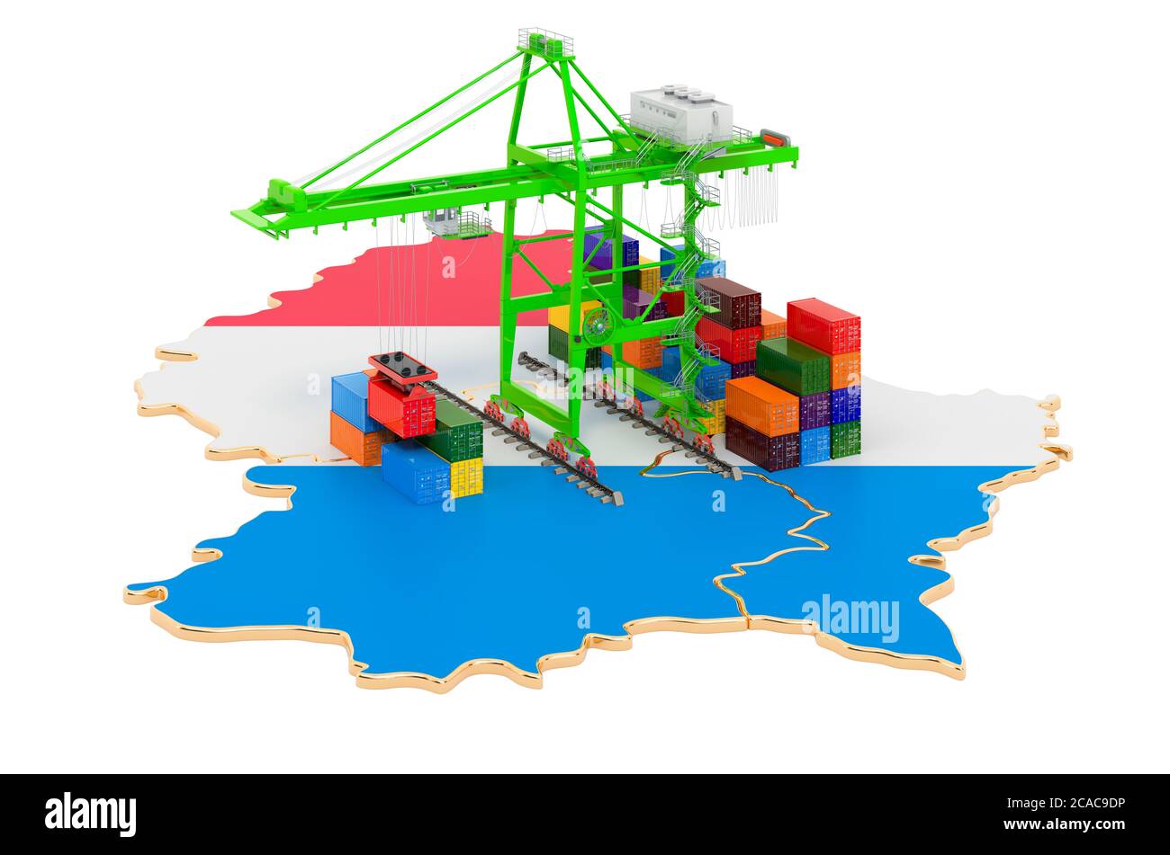 Frachtenschifffahrt in Luxemburg Konzept. Hafenkrane mit Frachtcontainern auf der luxemburgischen Karte. 3D-Rendering auf weißem Hintergrund isoliert Stockfoto