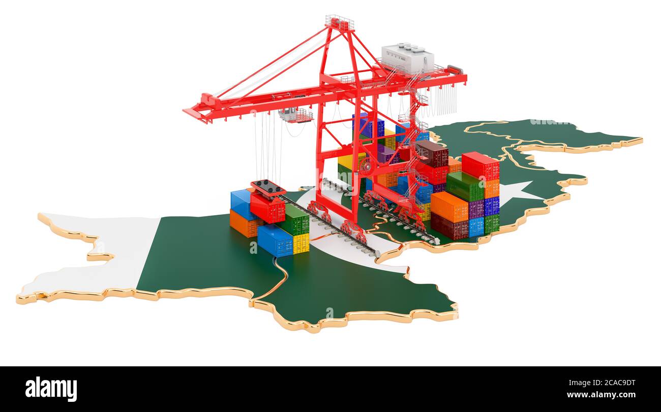 Frachtversand in Pakistan Konzept. Hafenkrane mit Frachtcontainern auf der pakistanischen Karte. 3D-Rendering auf weißem Hintergrund isoliert Stockfoto