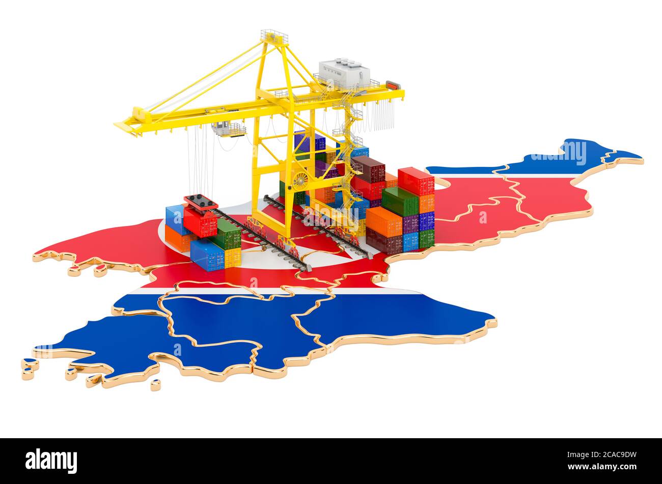 Frachtversand in Nordkorea Konzept. Hafenkrane mit Frachtcontainern auf der nordkoreanischen Landkarte. 3D-Rendering auf weißem Hintergrund isoliert Stockfoto