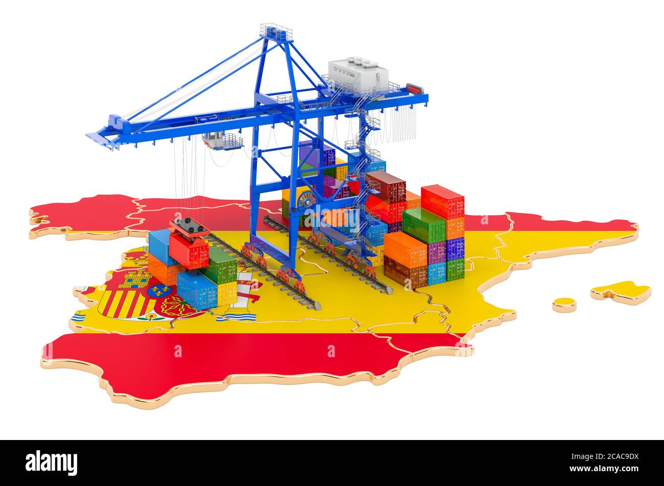 Frachtversand in Spanien Konzept. Hafenkrane mit Frachtcontainern auf der spanischen Landkarte. 3D-Rendering auf weißem Hintergrund isoliert Stockfoto
