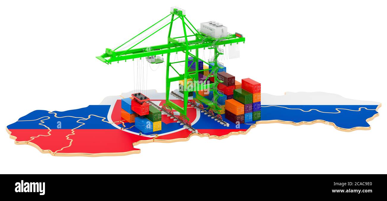 Frachtverkehr in der Slowakei Konzept. Hafenkrane mit Frachtcontainern auf der slowakischen Karte. 3D-Rendering auf weißem Hintergrund isoliert Stockfoto