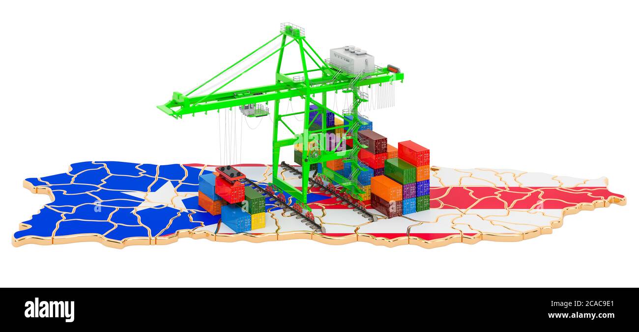 Frachtversand in Puerto Rico Konzept. Hafenkrane mit Frachtcontainern auf der Puerto-ricanischen Karte. 3D-Rendering auf weißem Hintergrund isoliert Stockfoto