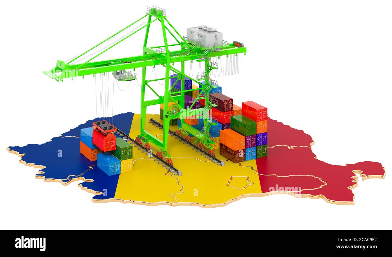Frachtversand in Rumänien Konzept. Hafenkrane mit Frachtcontainern auf der rumänischen Karte. 3D-Rendering auf weißem Hintergrund isoliert Stockfoto