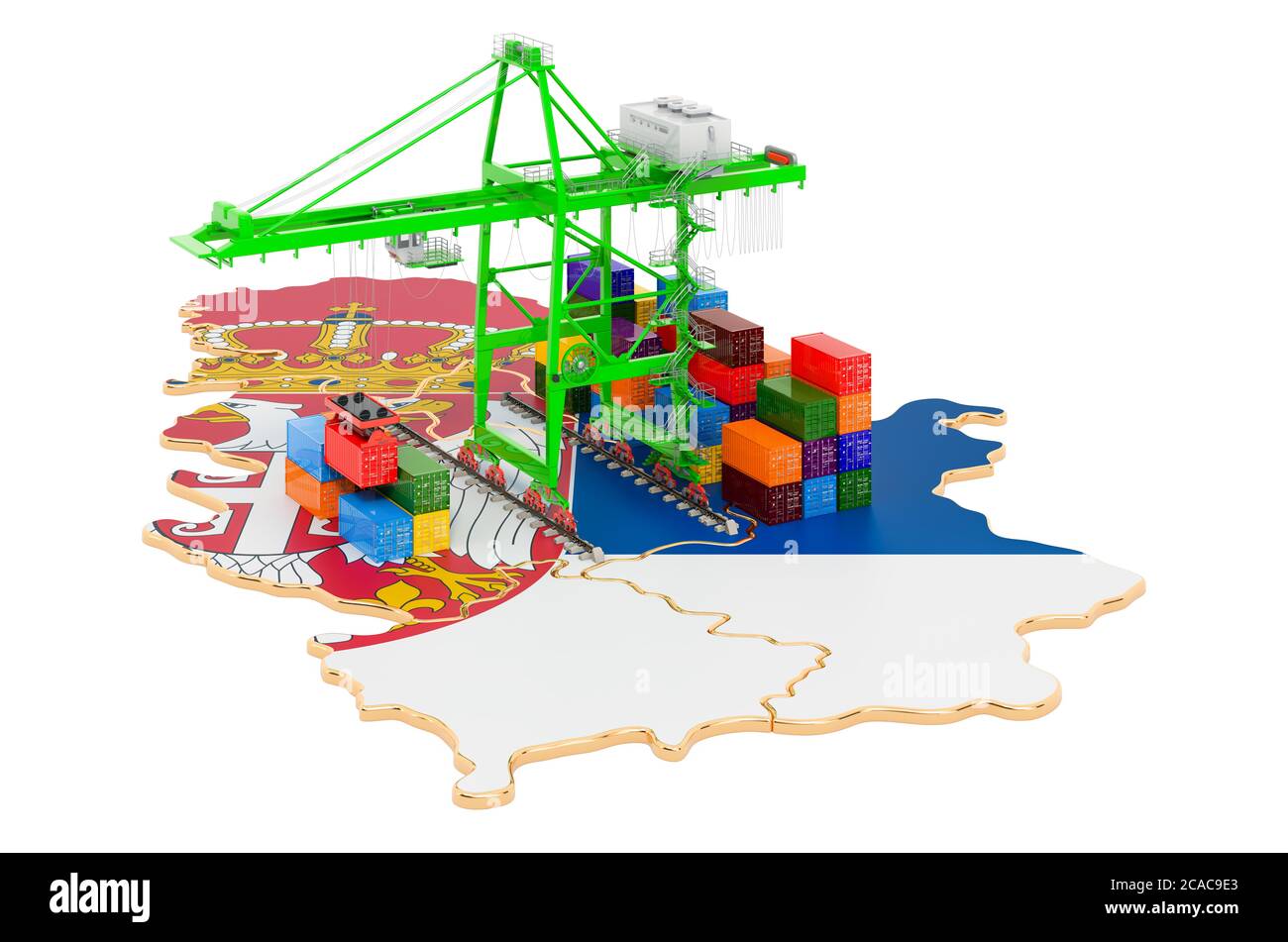 Frachtversand in Serbien Konzept. Hafenkrane mit Frachtcontainern auf der serbischen Landkarte. 3D-Rendering auf weißem Hintergrund isoliert Stockfoto