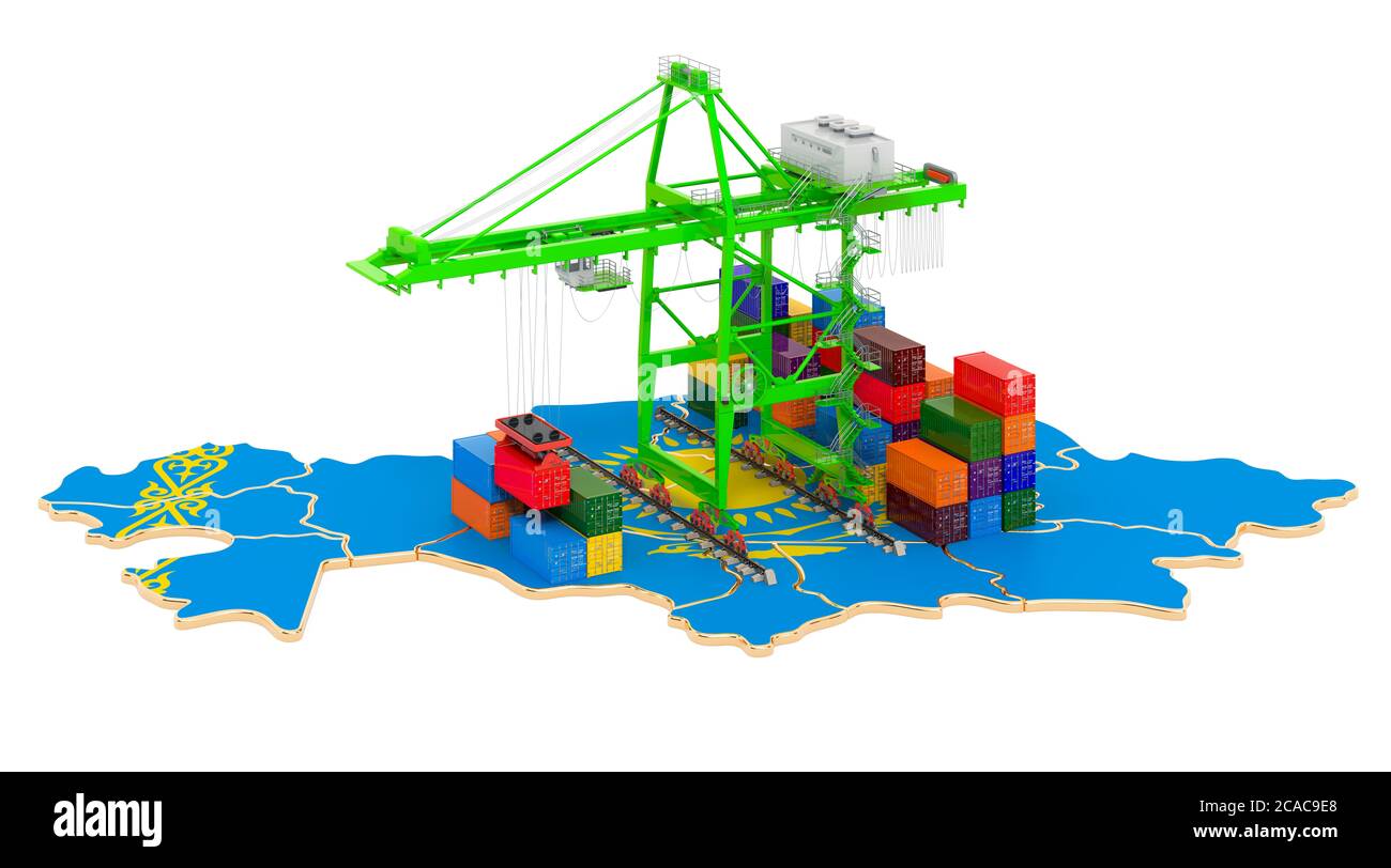 Frachtversand in Kasachstan Konzept. Hafenkrane mit Frachtcontainern auf der kasachischen Karte. 3D-Rendering auf weißem Hintergrund isoliert Stockfoto