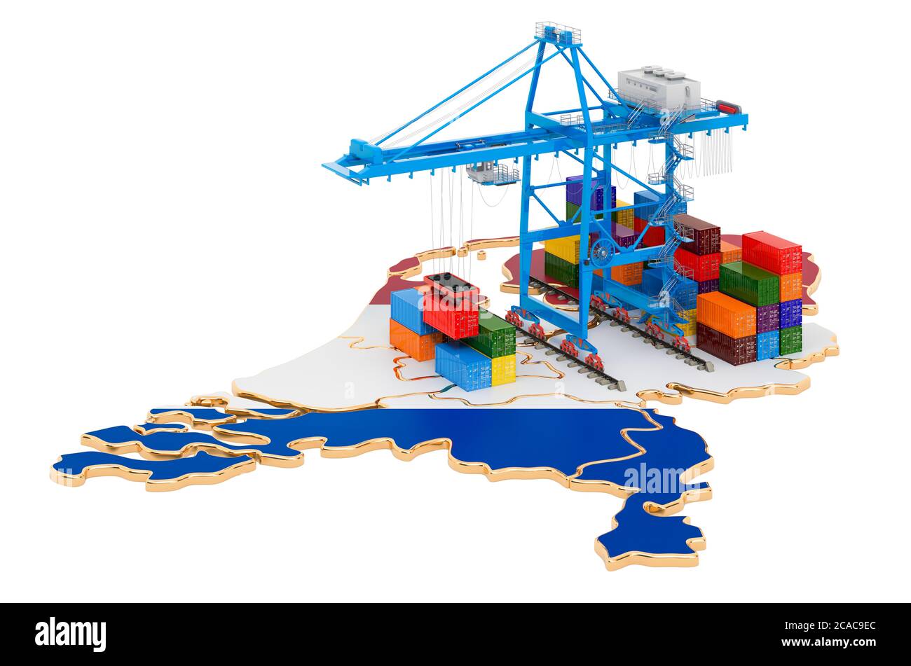 Frachtverkehr in den Niederlanden Konzept. Hafenkrane mit Frachtcontainern auf der Niederlande-Karte. 3D-Rendering auf weißem Hintergrund isoliert Stockfoto