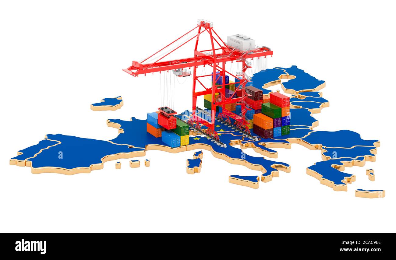 Frachtverkehr im Konzept der Europäischen Union. Hafenkrane mit Frachtcontainern auf der EU-Karte. 3D-Rendering auf weißem Hintergrund isoliert Stockfoto
