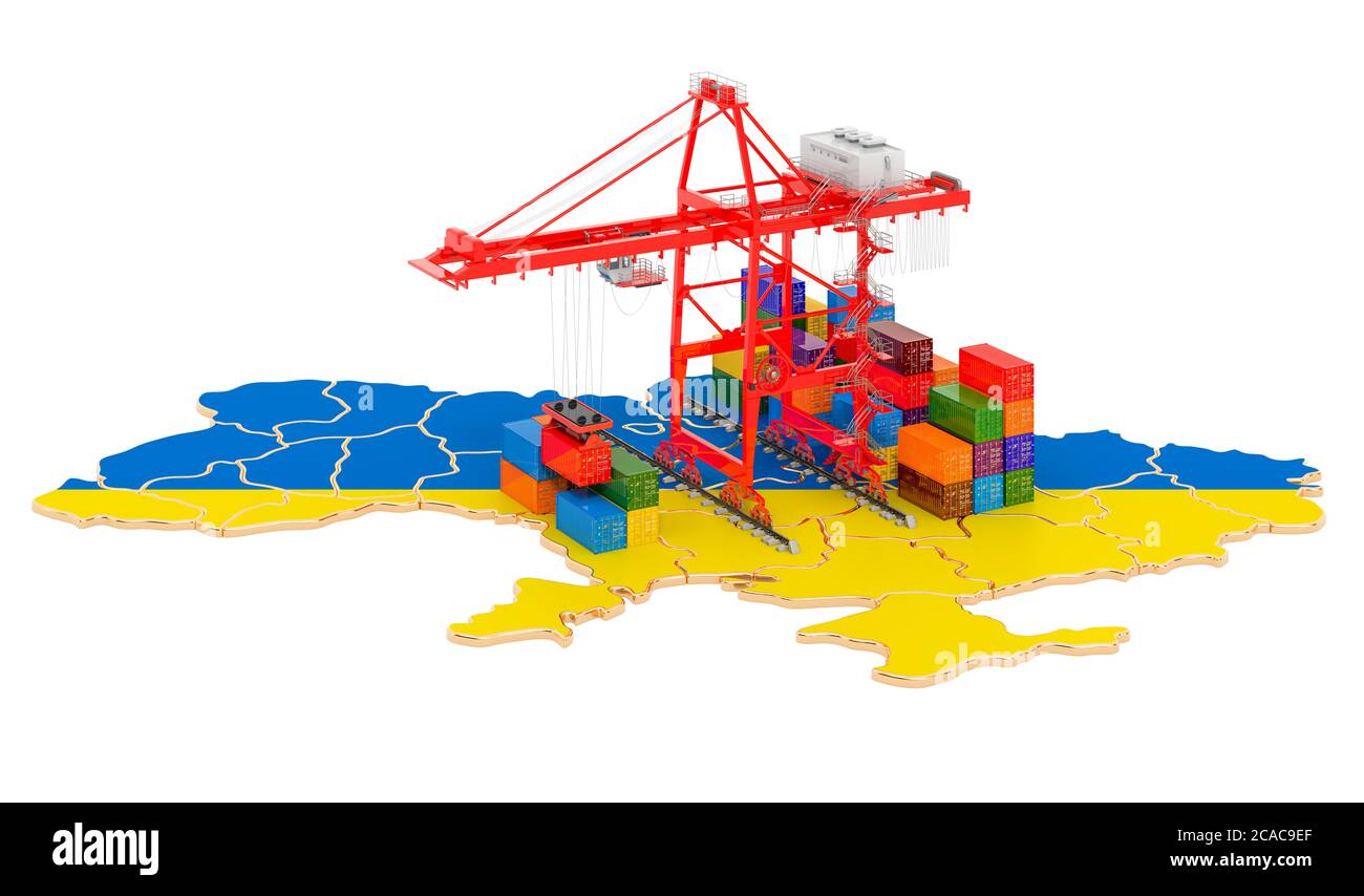 Frachtverkehr in der Ukraine Konzept. Hafenkrane mit Frachtcontainern auf der ukrainischen Karte. 3D-Rendering auf weißem Hintergrund isoliert Stockfoto