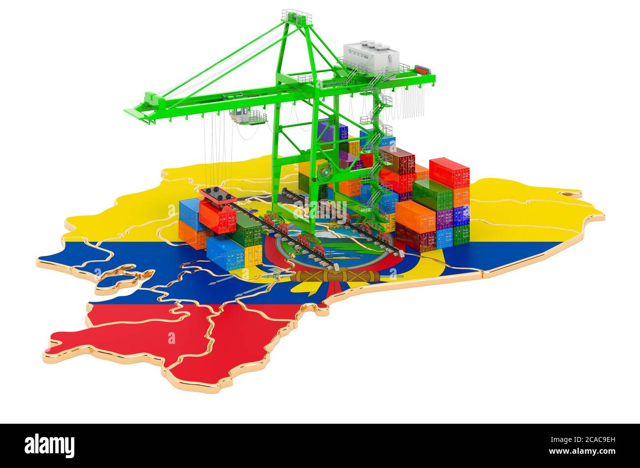 Frachtversand in Ecuador Konzept. Hafenkrane mit Frachtcontainern auf der ecuadorianischen Karte. 3D-Rendering auf weißem Hintergrund isoliert Stockfoto