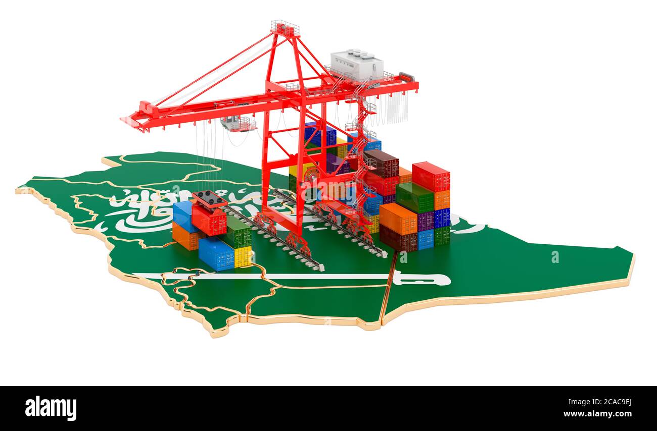 Frachtversand in Saudi-Arabien Konzept. Hafenkrane mit Frachtcontainern auf der Saudi-arabischen Landkarte. 3D-Rendering auf weißem Hintergrund isoliert Stockfoto