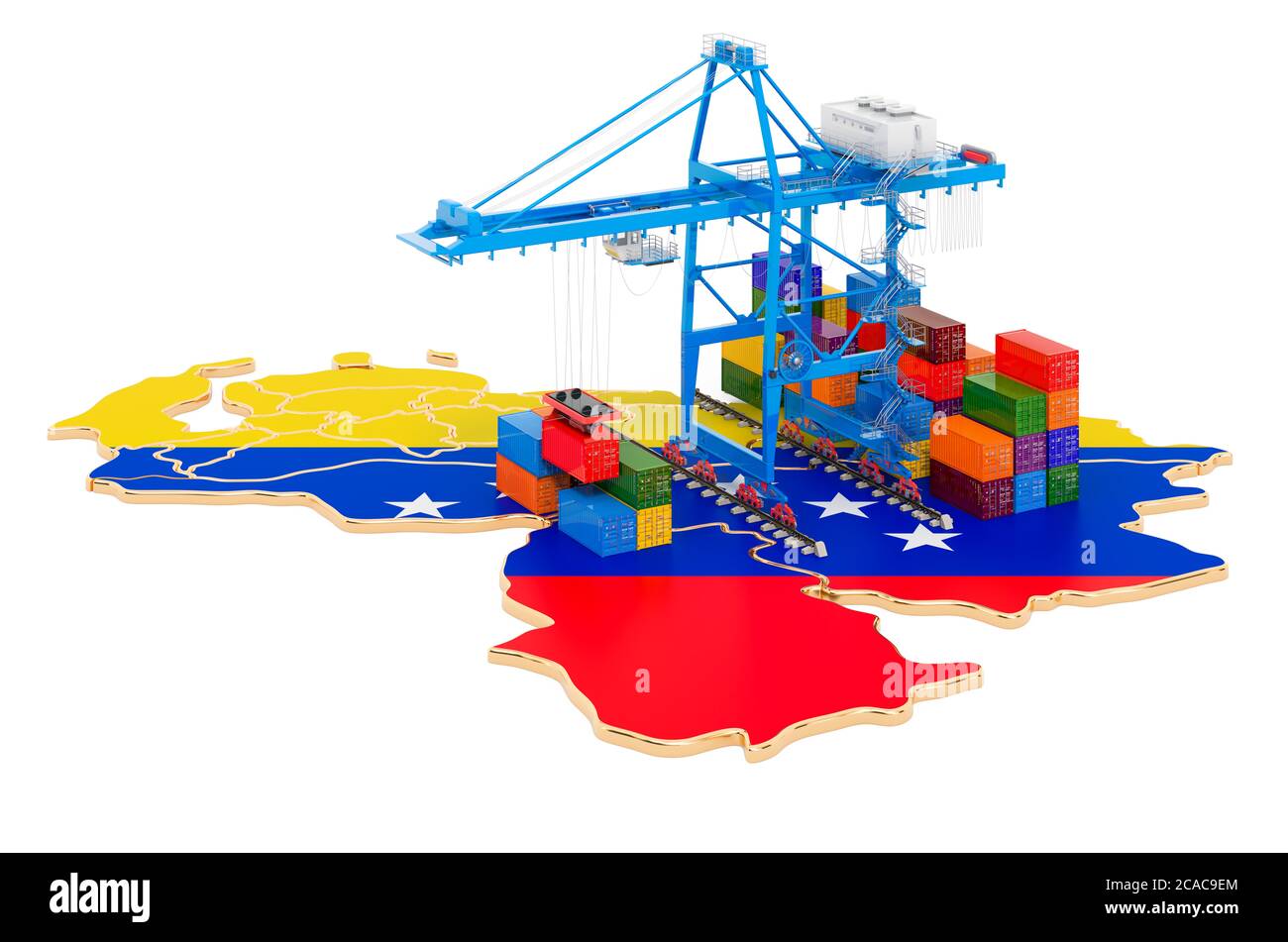 Frachtversand in Venezuela Konzept. Hafenkrane mit Frachtcontainern auf der venezolanischen Karte. 3D-Rendering auf weißem Hintergrund isoliert Stockfoto