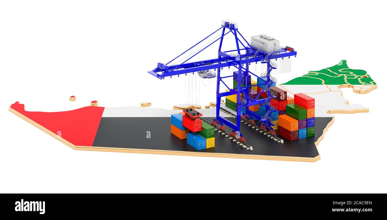 Frachtversand in VAE Konzept. Hafenkrane mit Frachtcontainern auf der Karte der Vereinigten Arabischen Emirate. 3D-Rendering auf weißem Hintergrund isoliert Stockfoto