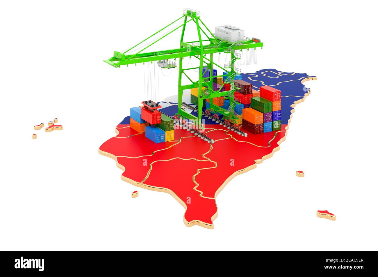 Frachtversand in Taiwan Konzept. Hafenkrane mit Frachtcontainern auf der thailändischen Karte. 3D-Rendering auf weißem Hintergrund isoliert Stockfoto