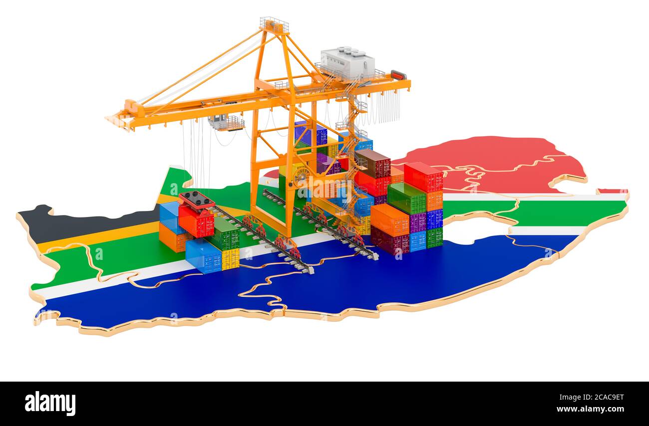 Frachtversand in Südafrika Konzept. Hafenkrane mit Frachtcontainern auf der südafrikanischen Karte. 3D-Rendering auf weißem Hintergrund isoliert Stockfoto