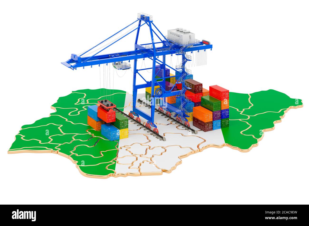 Frachtversand in Nigeria Konzept. Hafenkrane mit Frachtcontainern auf der nigerianischen Landkarte. 3D-Rendering auf weißem Hintergrund isoliert Stockfoto