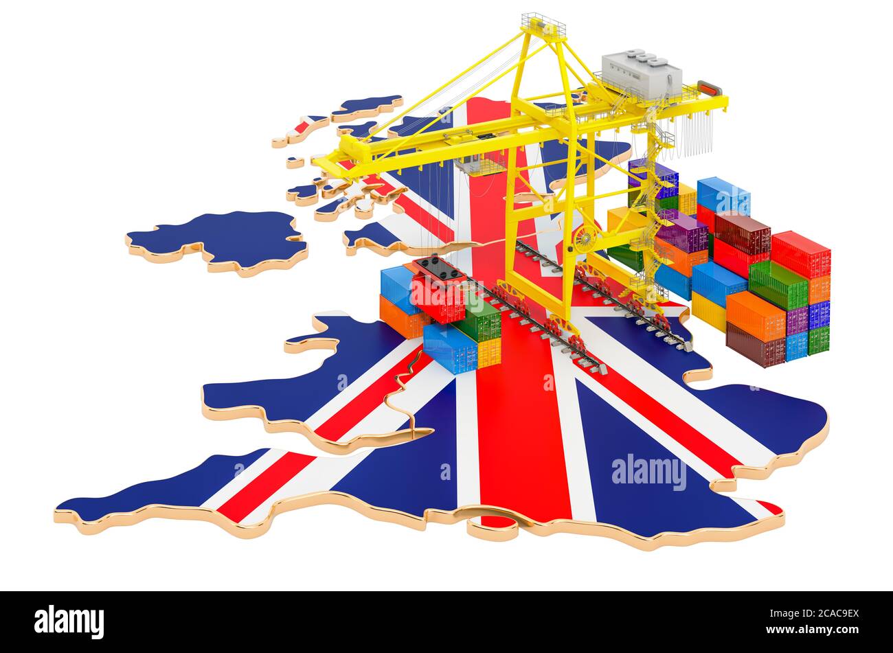 Frachtversand im Vereinigten Königreich Konzept. Hafenkrane mit Frachtcontainern auf der britischen Landkarte. 3D-Rendering auf weißem Hintergrund isoliert Stockfoto