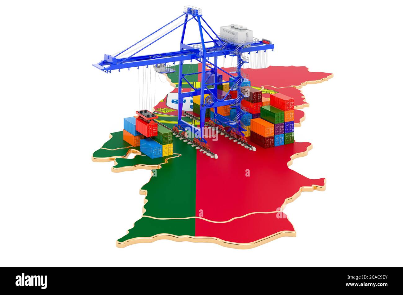Frachtversand in Portugal Konzept. Hafenkrane mit Frachtcontainern auf der portugiesischen Landkarte. 3D-Rendering auf weißem Hintergrund isoliert Stockfoto